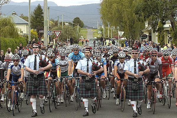 A trio from the Westbury Pipe Band escorted the peloton to the startline in Westbury for the final stage of the Tour.