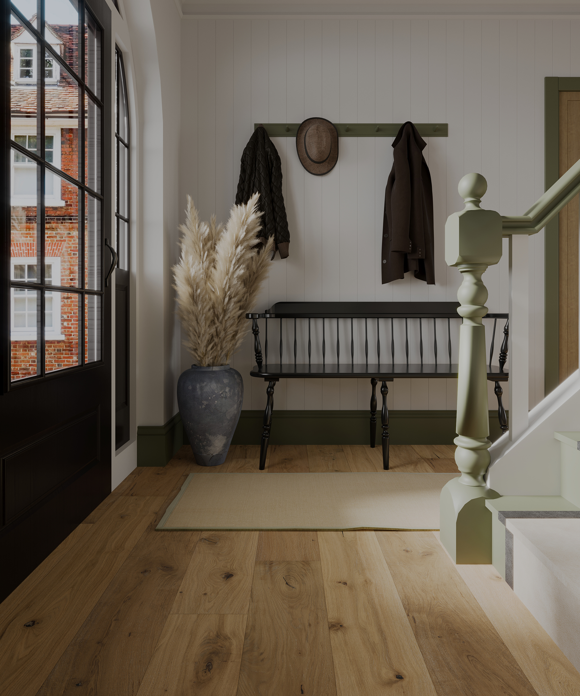 wide plank wooden flooring in entrance hallway