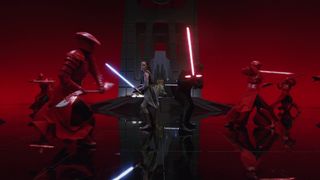 Rey y Kylo Ren contra los guardias de Snoke en El Último Jedi