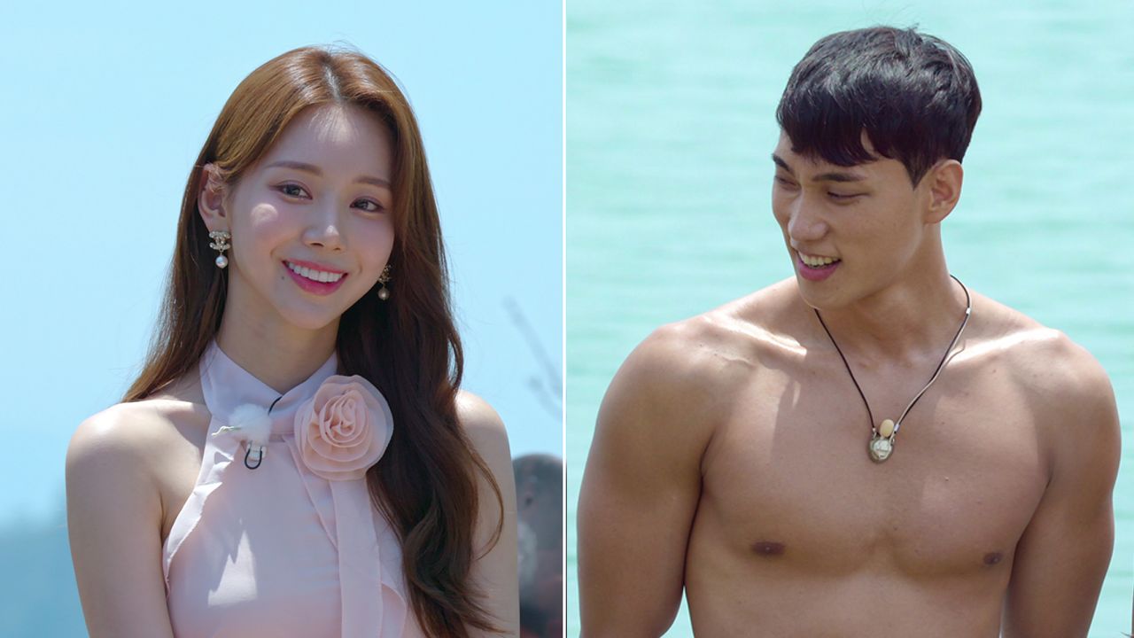 a woman in a pink flower top (gyu-ri) and a shirtless man (min-kyu) from single&#039;s inferno season 3