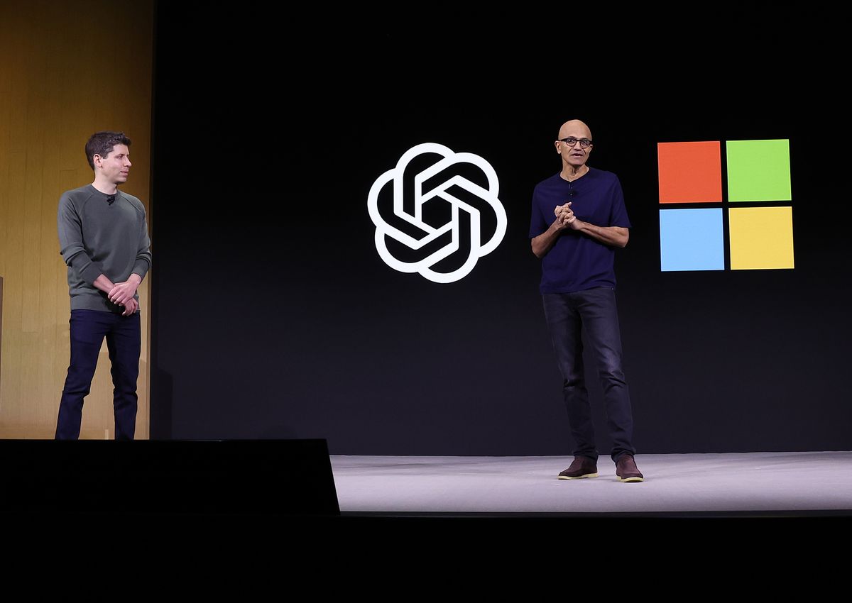 OpenAI and Microsoft CEO&#039;s Sam Altman and Satya Nadella at OpenAI&#039;s inaugural developer conference on November 06, 2023 in San Francisco,