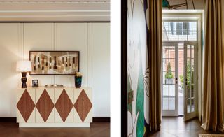 No.1 Grosvenor Square by Lodha UK. Side by side images. Left: A side board with four cupboards painted in beige with red diamonds. Right: A corridor leading to a external door.