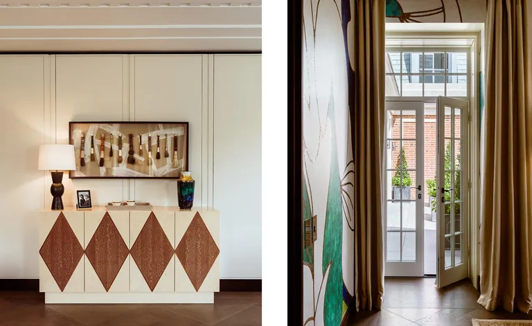 No.1 Grosvenor Square by Lodha UK. Side by side images. Left: A side board with four cupboards painted in beige with red diamonds. Right: A corridor leading to a external door.