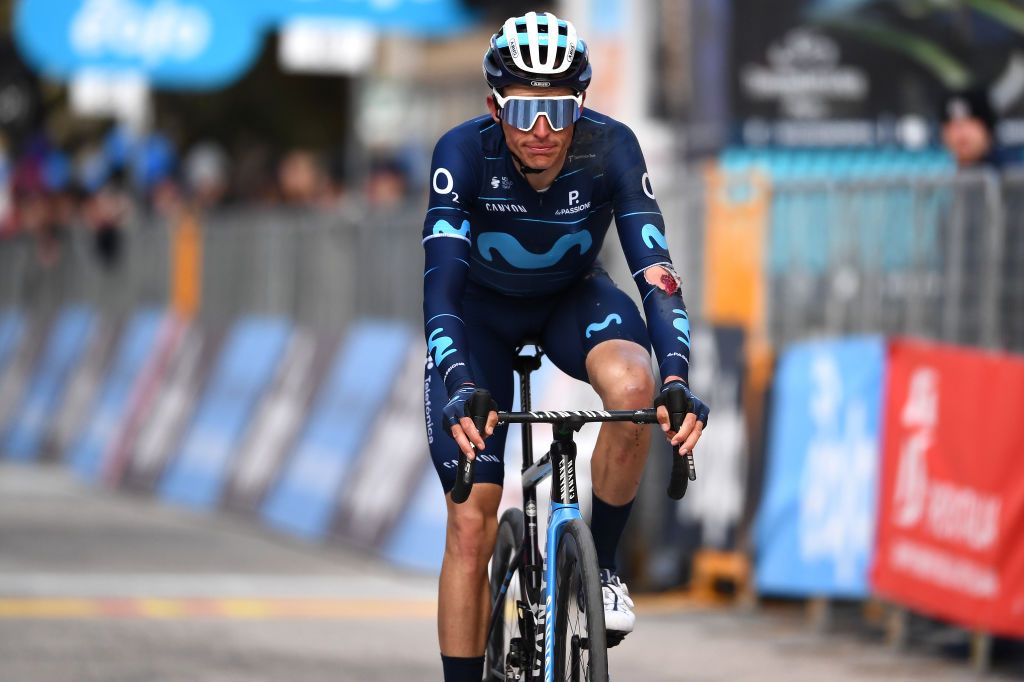 CARPEGNA ITALY MARCH 12 Enric Mas Nicolau of Spain and Movistar Team crosses the finish line injured during the 57th TirrenoAdriatico 2022 Stage 6 a 215km stage from Apecchio to Carpegna 746m TirrenoAdriatico WorldTour on March 12 2022 in Carpegna Italy Photo by Tim de WaeleGetty Images