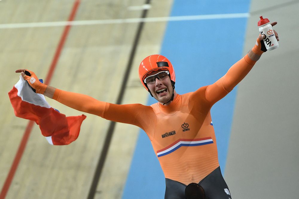 Netherland's Jan Willem Van Schip celebrates during the men's points race final during the UCI Track Cycling World Championships