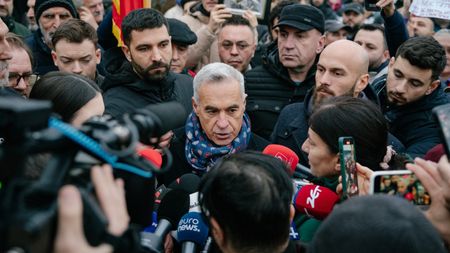 Calin Georgescu talks to supporters and the media in Mogosoaia, Romania