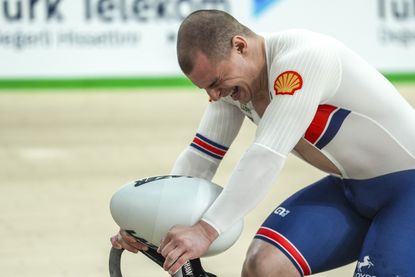 KONYA, TURKIYE - FEBRUARY 4: Gold medalist Matthew Richardson celebrates after finishing men's sprint final on the fourth day of the 2026 UEC Track Cycling European Championships at the Konya Olympic Velodrome in Konya, Turkiye, on February 4, 2026. (Photo by Dilara Irem Sancar/Anadolu via Getty Images)