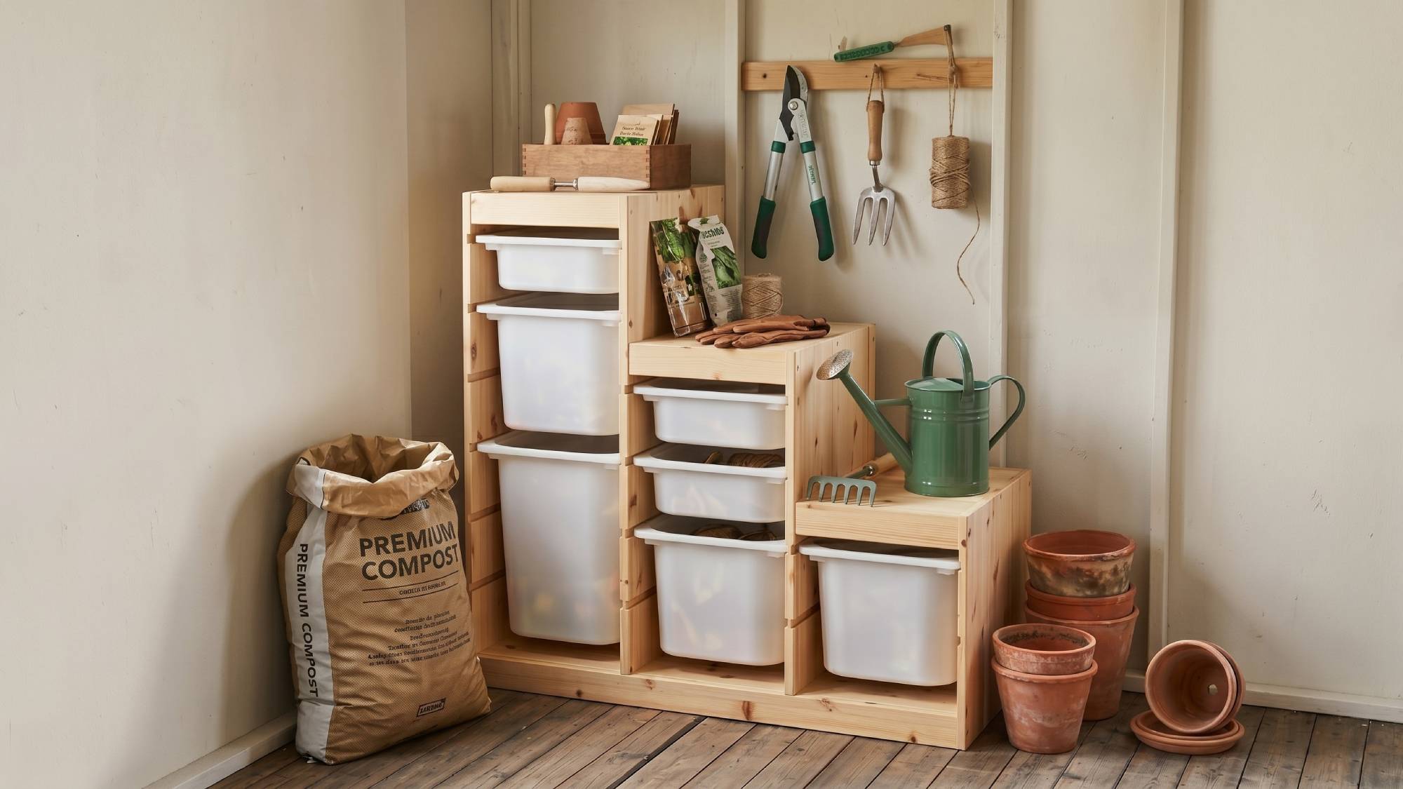 AI-generated image of IKEA trofast furniture in shed