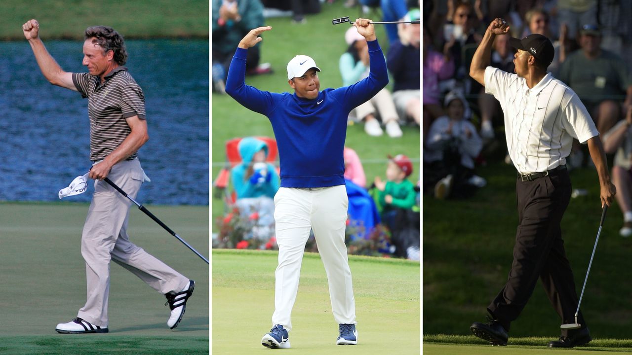 Bernhard Langer, Jhonattan Vegas and Tiger Woods celebrate holing putts on the 17th at TPC Sawgrass