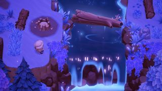 Moonlight Peaks - the player uses magic to lift a log blocking a waterfall