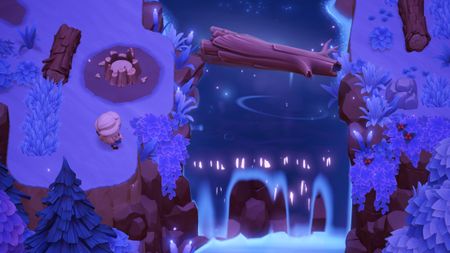 Moonlight Peaks - the player uses magic to lift a log blocking a waterfall