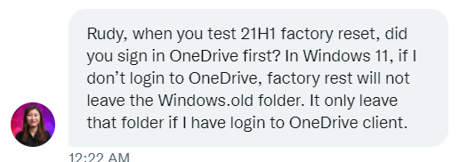 Screenshot of a text message to developer Rudy Ooms detailing developer Sandy Zeng's research on how Microsoft OneDrive being present interferes with Windows' disk wipe.