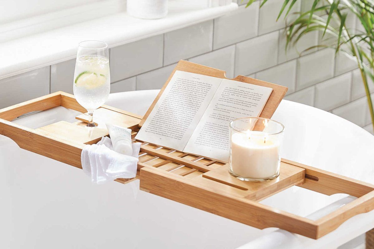 Wooden Bath Caddy Tray Tealights Tablet/Phone Holder Books Wine Glass Bath Shelf 