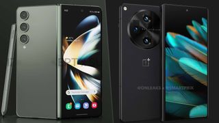 A split image of unofficial renders of the Galaxy Z Fold 5 and the OnePlus Open