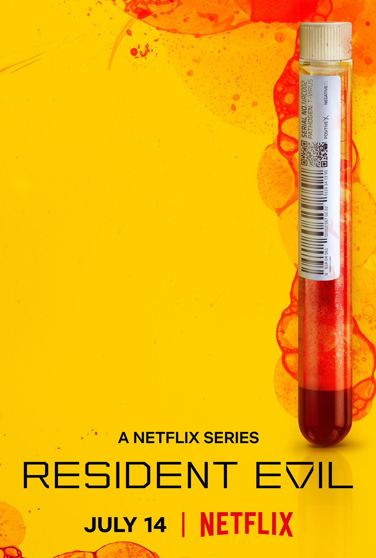 Poster for the Netflix Resident Evil series with a yellow background, black text and a bloody vial