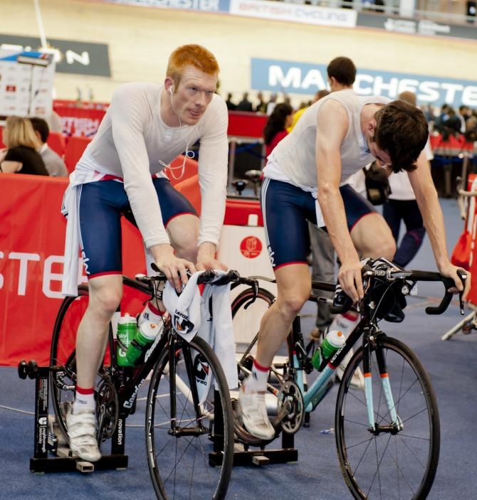 Ed Clancy and Andy Tennant warm up for the team pursuit