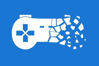 Stop Killing Games logo showing a white retro game controller breaking into fragmented pieces on a solid blue background, representing the shutdown and loss of digital video games.