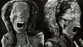 ct scan of a mummy with a gaping face wearing fibrous wig. We see her face at left and her profile at right.