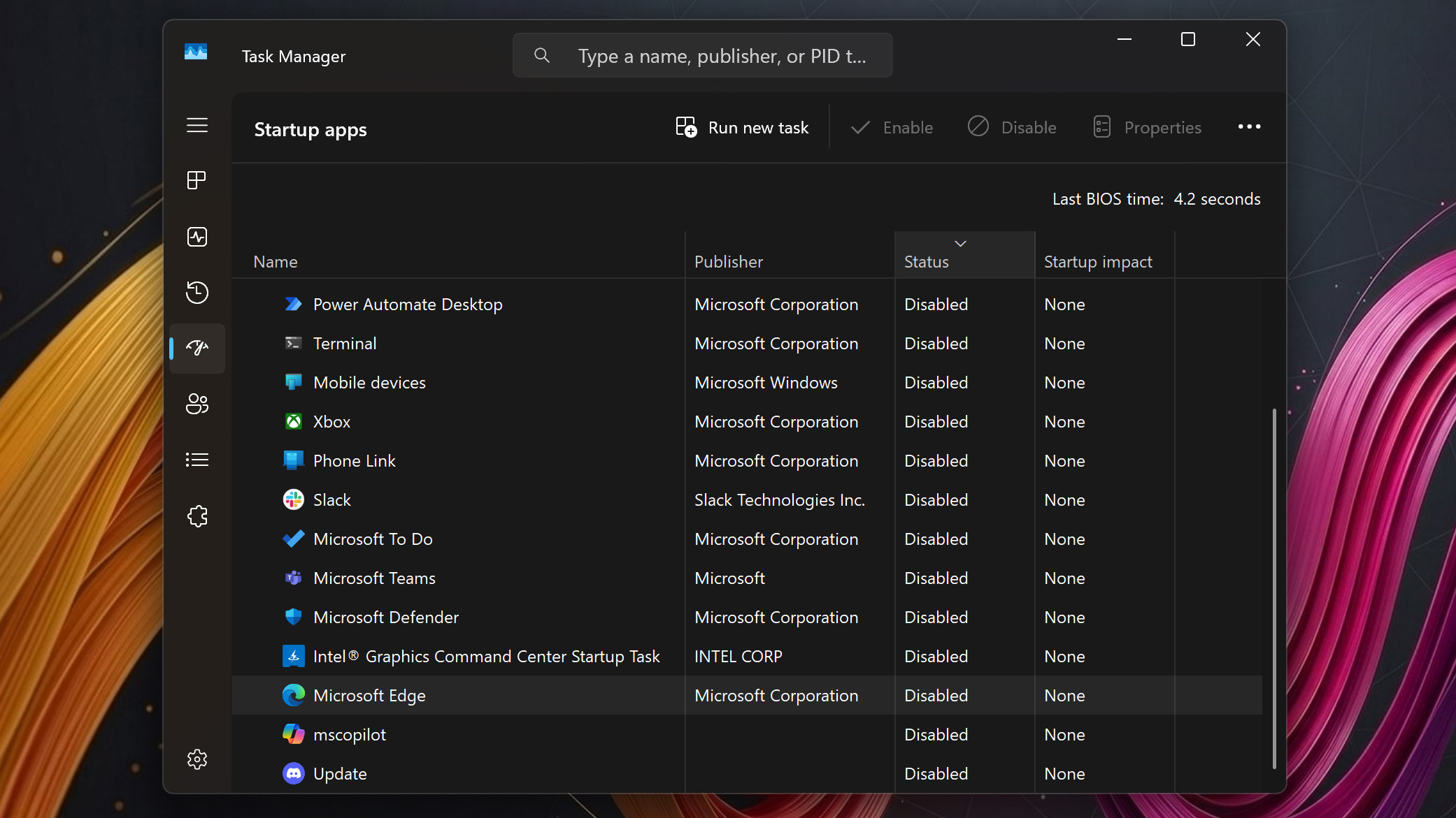 The Windows Task Manager &amp;ldquo;Startup apps&amp;rdquo; tab displaying a full list of programs set to launch at startup, all marked as **Disabled** with **None** for startup impact.