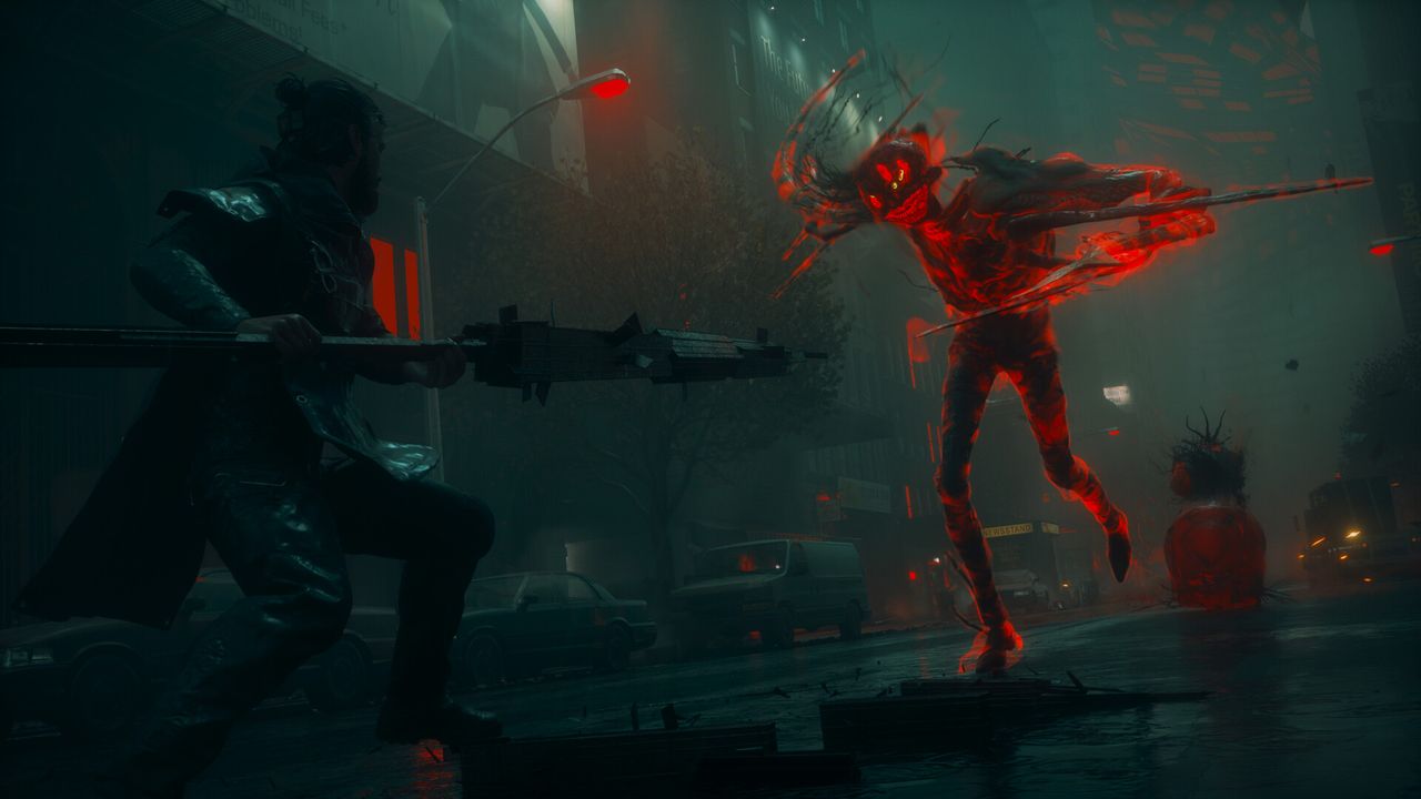 Dylan holding a weapon while an enemy that is glowing red light runs towards him in the Control Resonant trailer.