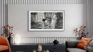 Samsung Frame TV X Disney collab showing a black and white sketch of Mickey mouse