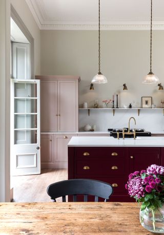 pink and burgundy kitchen