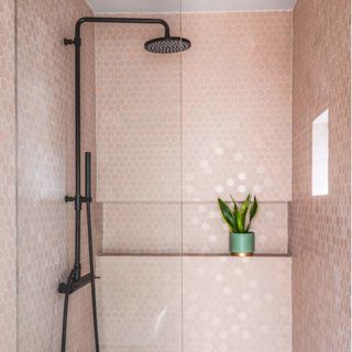 shower with pink tiles, green potted plant and black shower with black shower head