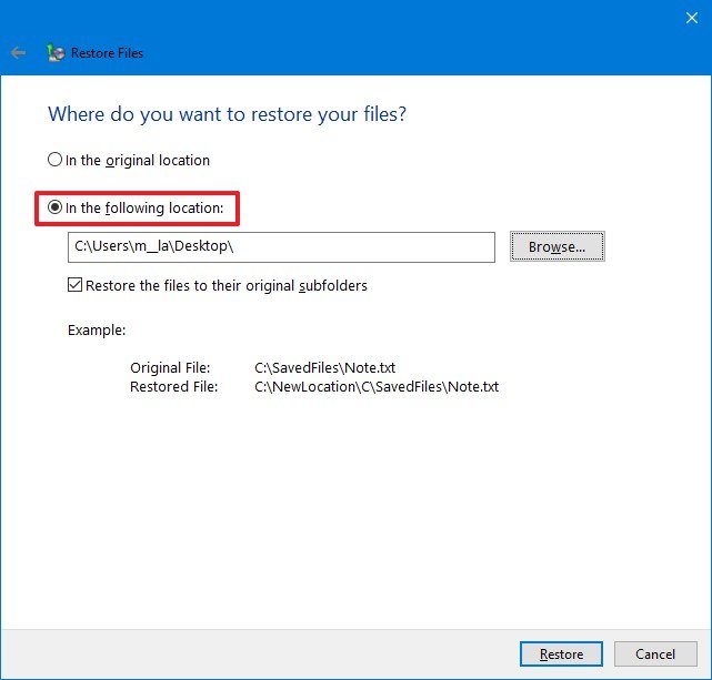 Windows 10 backup restore alternative location