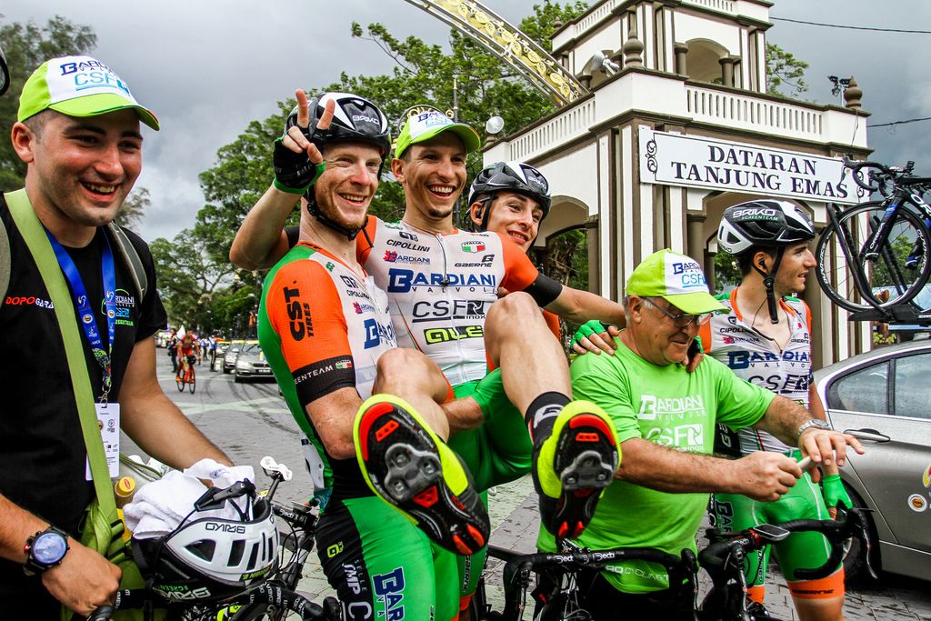 A happy Bardiani-CSF team with stage winner Enrico Barbin