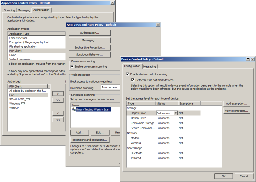 Policies are used for each ESDP component and allow you to control the anti-virus scanner, application usage and access to re