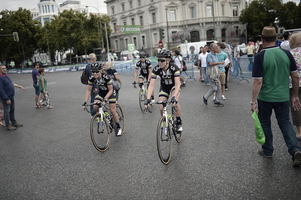 Cyclists compete in the inaugural Madrid Challenge by La Vuelta.