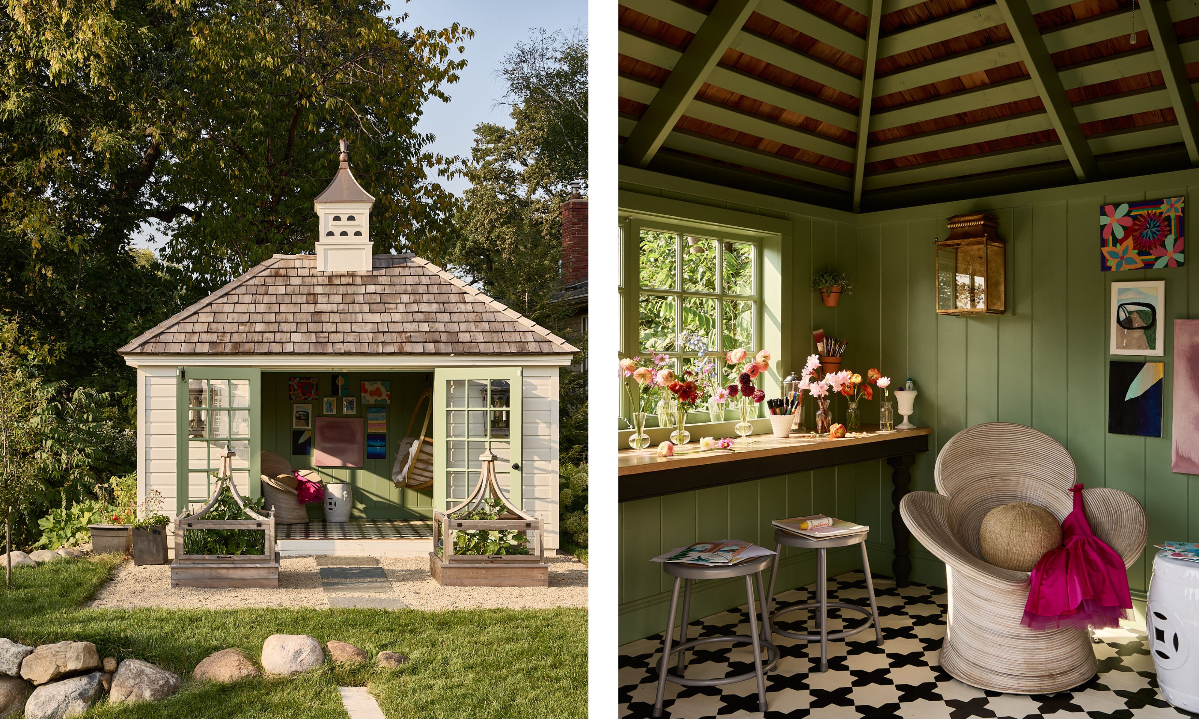 Two images of a garden room with green walls and doors, a worktop by the window with vases of flowers, tiled flooring, and a flower-shaped chair.