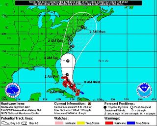 The predicted path that Hurricane irene will taken in the next five days. The dots with