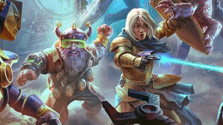 Two characters battle robots in artwork from D&D Quests from the Infinite Staircase