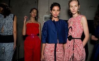 Poplin strapless dress and red and white dress with blue jacket.