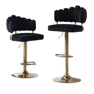 Black tall scalloped bar stools - pair - with gold base and footrest