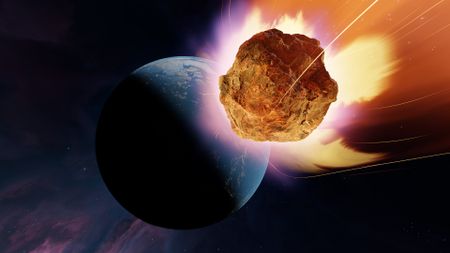 An illustration of a glowing rocky asteroid headed towards a blue planet in shadow.