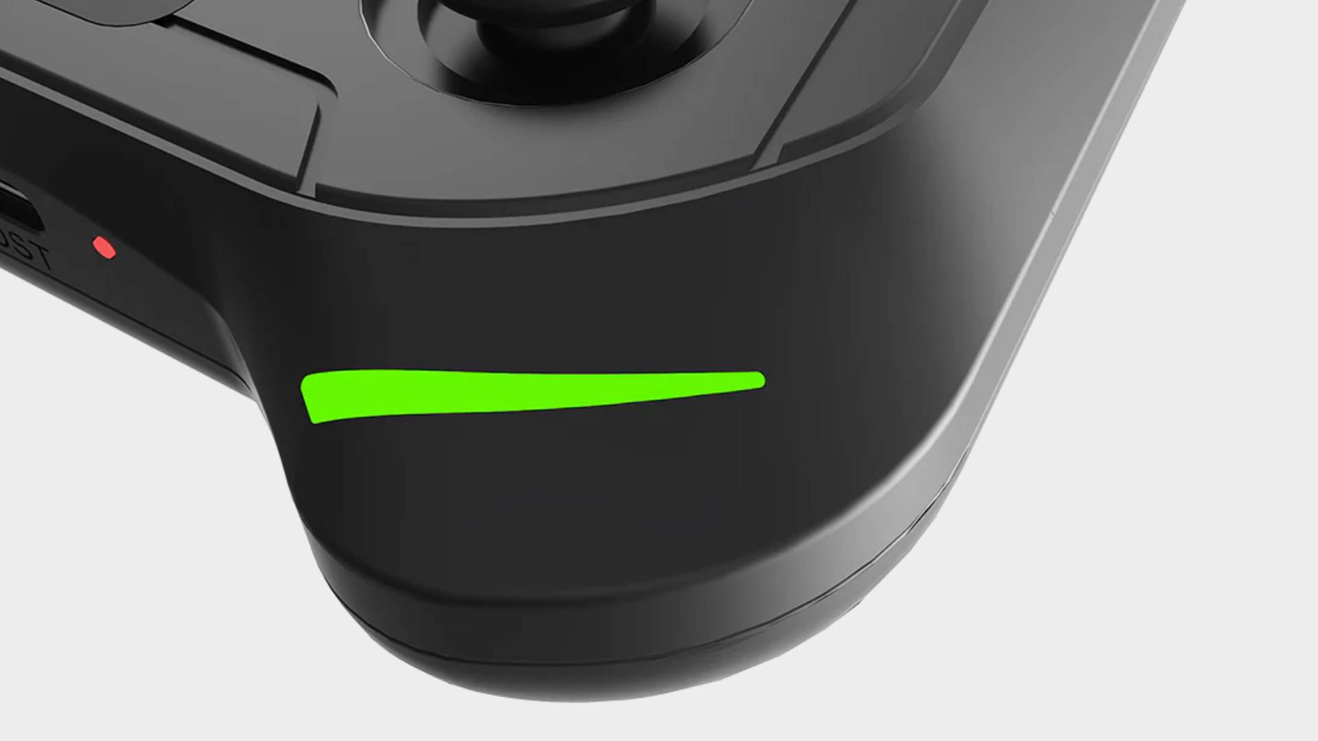 Close up of Abxylute E1 handheld green LED strop on grip.