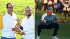 Edoardo and Francesco Molinari hold the Ryder Cup trophy and Justin Rose celebrating winning a Ryder Cup match