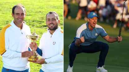 Edoardo and Francesco Molinari hold the Ryder Cup trophy and Justin Rose celebrating winning a Ryder Cup match