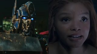 Optimus Prime in Transformers: Rise of the Beasts and Halle Bailey in The Little Mermaid, pictured side by side.