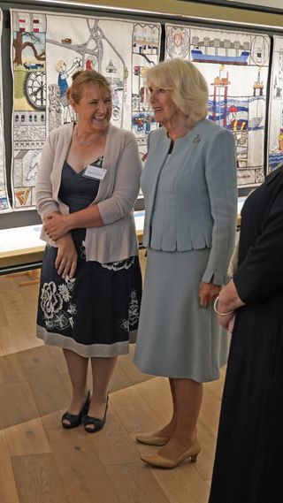 Queen Camilla visits The Great Tapestry of Scotland visitor centre in Galashiels, in the Scottish Borders, to mark 10 years since the tapestry was completed and went on display to the public, as part of the first Holyrood Week since King Charles III's, coronation, on July 6, 2023 in Selkirk, Scotland. The British Royal family will carry out traditional engagements in Scotland until Thursday. This includes the presentation of the Honours of Scotland to King Charles III and Queen Camilla at a National Service of Thanksgiving on July 05.