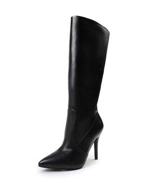 Womens Knee High Stiletto Heel Mid Calf Boots Ladies Comfort Stretch Panel Lightweight Winter Boot Pointed Toe Side Zip Faux Leather Shoes