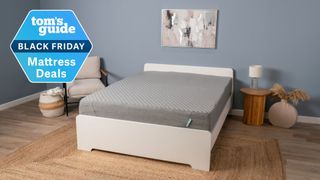 The Siena Memory Foam Mattress on a bed frame in the Tom's Guide testing studio, in the top left corner is a Tom's Guide Black Friday Mattress Deals graphic