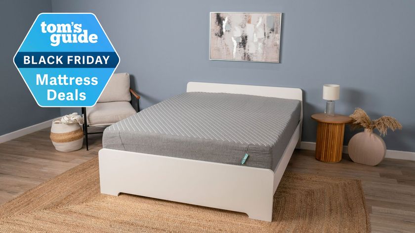 The Siena Memory Foam Mattress on a bed frame in the Tom's Guide testing studio, in the top left corner is a Tom's Guide Black Friday Mattress Deals graphic