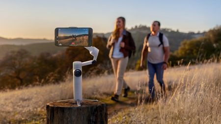 The Insta360 Flow 2 Pro tracks a pair of hikers