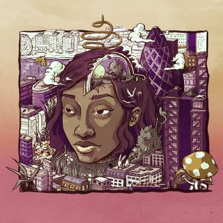 Little Simz' Stillness in Wonderland album cover shows the singer's face turned into part of a surreal London cityscape