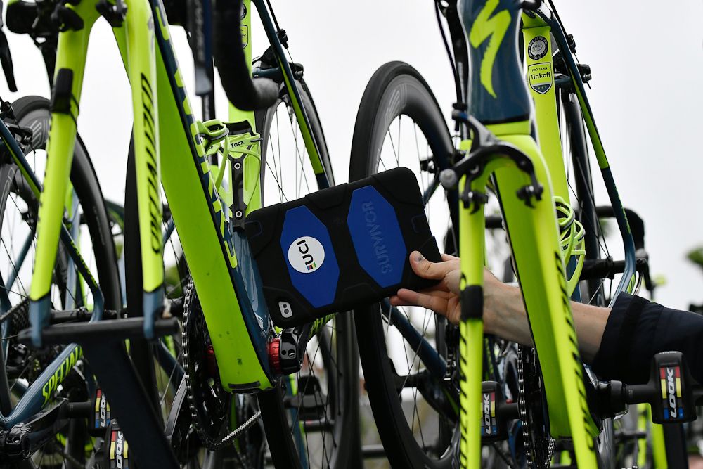 A UCI inspector examines bikes to detect hidden motors ahead of stage 4 at the 2016 Tour de France