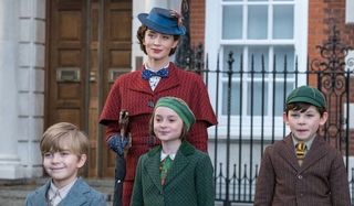 The Banks children and Emily Blunt as Mary Poppins in the 2018 musical film