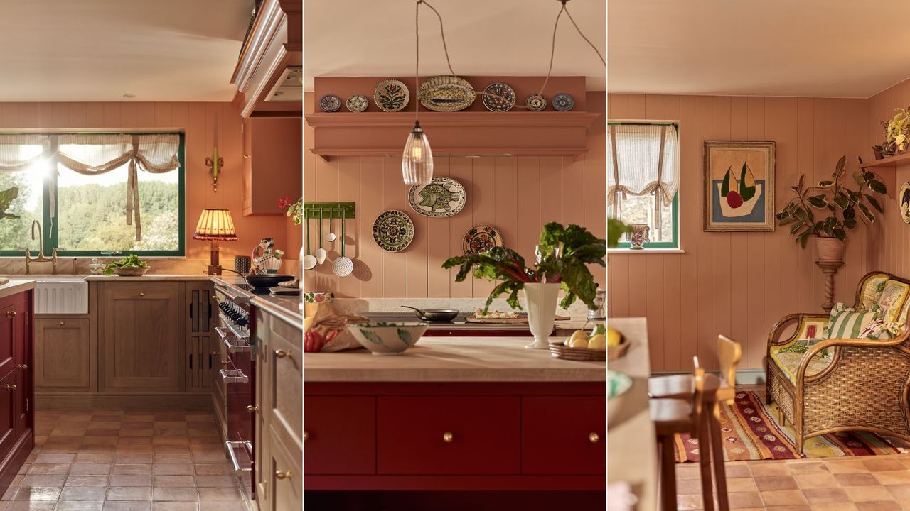 A pink and red kitchen